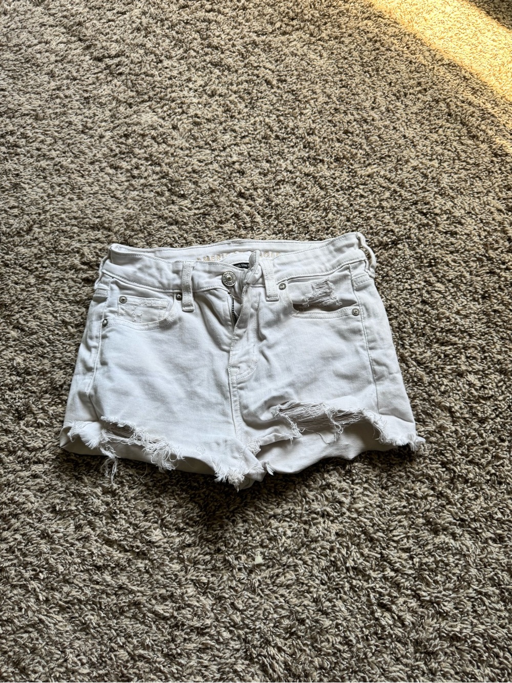 American Eagle Outfitters White High-Rise Distressed Denim Shorts